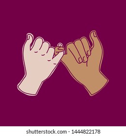 Hand-drawn doodle illustration of pinky swear gesture. Two friends hands, friendship concept. Use as print, sticker, patch. Dark background.