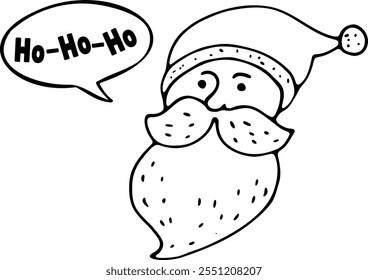 Hand-drawn doodle illustration of Santa Claus s head with a playful Ho-Ho-Ho phrase in a comic-style speech cloud