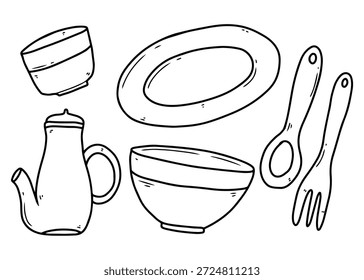 Ilustración de doodle dibujado a mano de varios utensilios de cocina y vajilla, incluida una tetera, cuencos, plato, cuchara y tenedor en estilo de contorno.