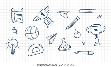 Hand-Drawn Doodle Illustrations of School, Education, and Science Objects on Grid Paper Background