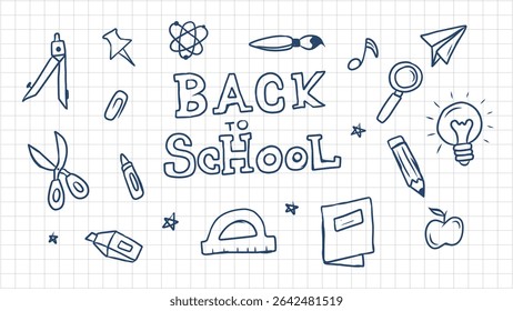 Hand-Drawn Doodle Illustrations of School, Education, and Science Objects on Grid Paper Background