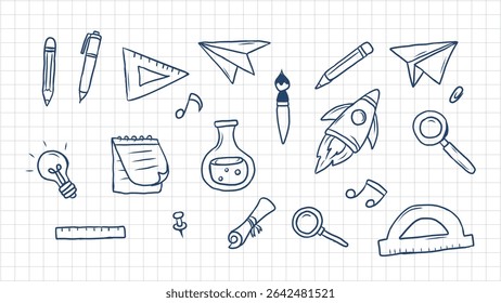Hand-Drawn Doodle Illustrations of School, Education, and Science Objects on Grid Paper Background