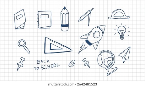 Hand-Drawn Doodle Illustrations of School, Education, and Science Objects on Grid Paper Background
