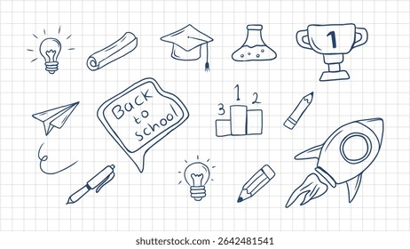 Hand-Drawn Doodle Illustrations of School, Education, and Science Objects on Grid Paper Background