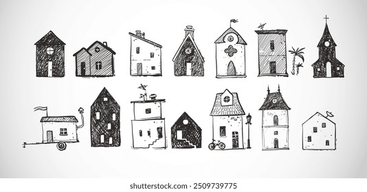 Hand-drawn doodle illustrations of various whimsical houses with unique shapes, details, and architectural styles on white background