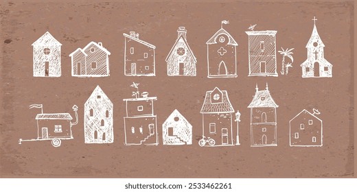 Hand-drawn doodle illustrations of various whimsical houses with unique shapes and details on brown parcel paper background