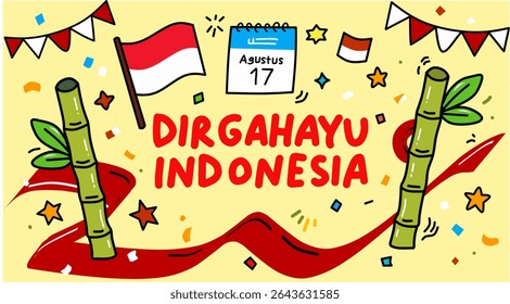 Rabiscar desenhado à mão do Dia da Independência da Indonésia em 17 de agosto. Contém o texto "DIRGAHAYU INDONESIA" e elementos festivos. Perfeito para banners patrióticos e projetos de celebração nacional.