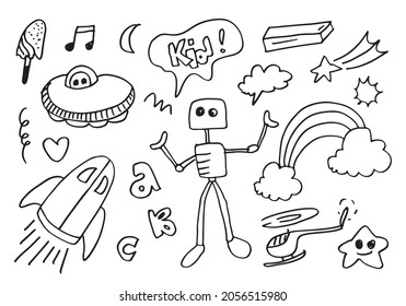 hand-drawn doodle kid set on white background.