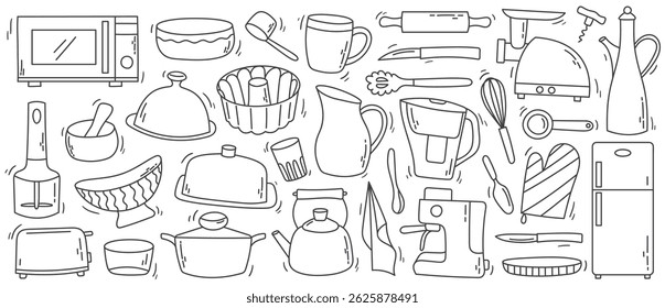 Hand-drawn doodle kitchen utensil collection. Includes pots, pans, mugs, ladles, spatulas, and other cookware. Perfect for food bloggers, packaging, recipe design, and kitchen decor.