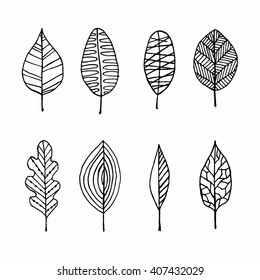 Hand-drawn doodle leaves set.