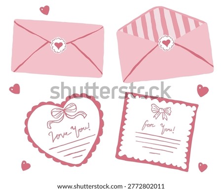 Hand-drawn doodle letter and envelope with scalloped edges. Cute and coquette greeting card message with lace for Valentine's Day, secret admirer, or surprise