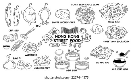 Hand-drawn doodle line art of Hong Kong Traditional Street food icon set. cute black and white isolated on white background minimal style.