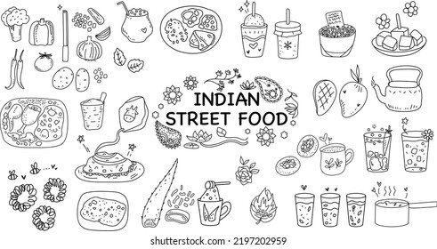 Dibujo manual de la línea de doodle del juego de íconos de comida de la calle india. bonito estilo minimalista blanco y negro.	
