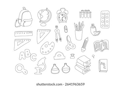 Hand-drawn doodle line art set: playful vector school objects. Isolated elements for educational projects, kids' apps, worksheets, and print design. Minimalist sketch style. 