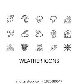 Hand-drawn doodle line style weather and season set icons.