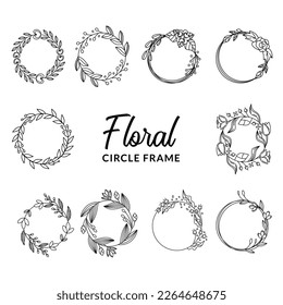 handdrawn doodle lineart circle frame floral leaves flower vintage style for romantic nature 