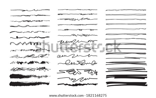 Hand-drawn doodle lines. Freehand\
dividers, borders, scribbles. Art brushes isolated on\
white.