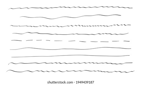 Líneas de doodle dibujadas a mano. Un conjunto de rayas delgadas monocromáticas diferentes y largas. Elementos de diseño de vectores, fondo aislado.