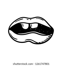 Handdrawn doodle lips icon. Hand drawn black sketch. Sign symbol. Decoration element. White background. Isolated. Flat design. Vector illustration.