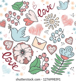 Handdrawn doodle love pattern with pigeon joined heart shapes, fantasy flowers, lettering and sun. Seamless texture to St Valentines day.