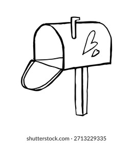Hand-drawn doodle mailbox with open door and heart decoration, pencil-style line art illustration. Cute home mail, stationery, greeting card, or love letter concept on white background.