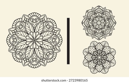 Hand-drawn doodle mandala bundle with detailed floral and abstract circular designs. Decorative vector ornament set.