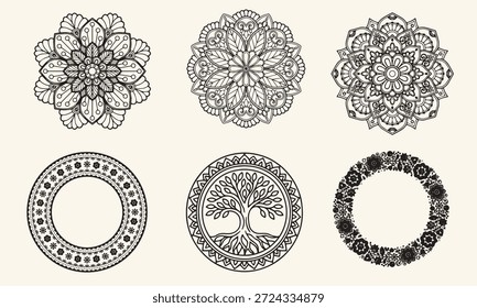 Hand-drawn doodle mandala bundle featuring floral and abstract circular ornaments. Vector illustration set.