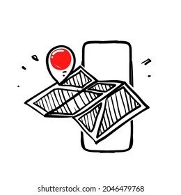 handdrawn doodle map and phone icon illustration symbol for GPS isolated