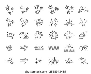 Hand-drawn doodle nature elements featuring the sun, stars, clouds, rain, lightning, waves, and wind in a playful cartoon style.