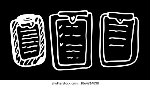 A hand-drawn Doodle on a paper tablet with a clip. a set of elements isolated on a black background . Vector illustration of a white outline. list of tasks with and without dawson tablets with a clip