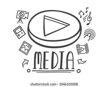 Hand-drawn doodle online media for entertainment. Vector illustration. 