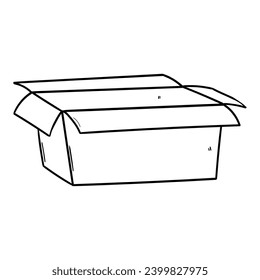 Un doodle dibujado a mano de una caja de cartón vacía abierta aislada en un fondo blanco. Ilustración vectorial.