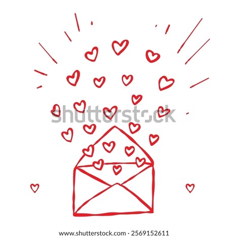 Hand-drawn doodle of an open envelope with little hearts flying out. Perfect for love-themed web and digital designs, Valentines Day, weddings, anniversaries, greeting cards, prints, invitations