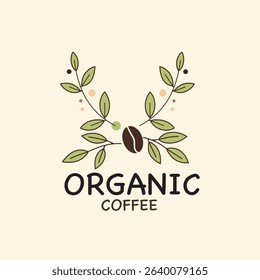 Hand-drawn doodle of an organic coffee bean surrounded by green leaves, emphasizing natural and healthy coffee concepts.
