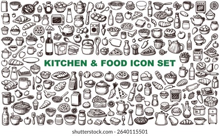 Hand-drawn doodle pack of Kitchen. Food items in outline vector style