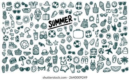 Hand-drawn doodle pack of summer items in outline vector style. Summer and Beach Design Elements and Lettering in Doodle Style