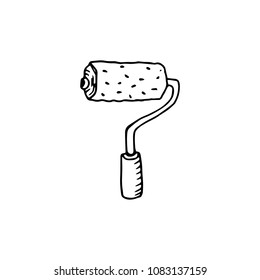 Handdrawn doodle paint roller icon. Hand drawn black sketch. Sign symbol. Decoration element. White background. Isolated. Flat design. Vector illustration.