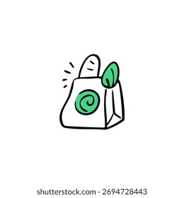Hand-drawn doodle of a paper bag with bread and leaves inside