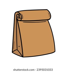 Una bolsa de papel doodle dibujada a mano aislada en un fondo blanco. Ilustración vectorial.