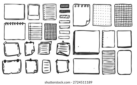 Elementos de papel doodle dibujados a mano, blanco y negro, varias Formas rectangulares e irregulares con bordes ásperos y diversos patrones, ideales para Diseños gráficos y composiciones artísticas