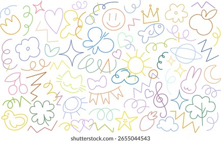 Hand-drawn doodle pattern with colorful cartoon elements on white background. Fun and playful illustration for kids’ designs, packaging, textiles, wallpapers, and creative backgrounds.