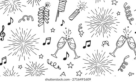 A hand-drawn doodle pattern featuring fireworks, champagne glasses clinking, musical notes, and confetti, evoking a festive and celebratory mood.