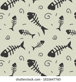 Hand-drawn doodle pattern with fish skeletons for web design, textile and wrapping. Vector background