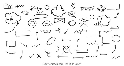 Hand-Drawn Doodle pen line elements Set Arrows, Leaves, Speech Bubbles, Sun,anime mark and Decorative Lines for Design for print