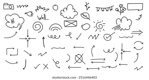 Hand-Drawn Doodle pen line elements Set Arrows, Speech Bubbles, Symbols, anime mark and Decorative Sketches for Creative design for print
