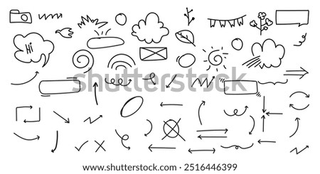 Hand-Drawn Doodle pen line elements Set Arrows, Leaves, Speech Bubbles, Sun,anime mark and Decorative Lines for Design for print