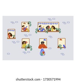 Hand-drawn doodle people in the window. Vector illustration showing family and neighbors are at home in the window. Enjoy being at home, home comfort. Leader at home. Household chores and hobbies