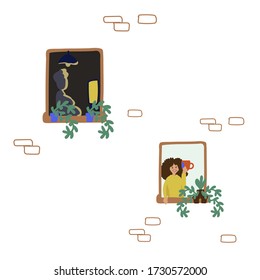 Hand-drawn doodle people in the window. Vector illustration showing family and neighbors are at home in the window. Enjoy being at home, home comfort. Leader at home. Household chores and hobbies