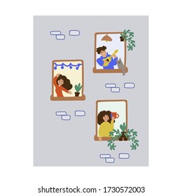 Hand-drawn doodle people in the window. Vector illustration showing family and neighbors are at home in the window. Enjoy being at home, home comfort. Leader at home. Household chores and hobbies