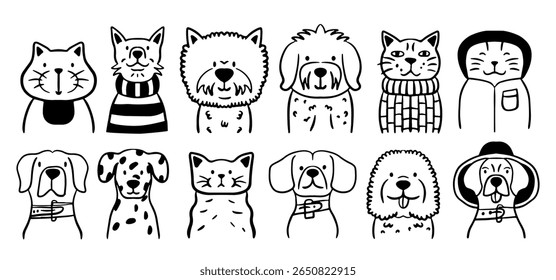 Hand-drawn doodle pet portraits. Cute cats and dogs in clothes and accessories. Simple hand drawn animal faces for stickers, prints, web design. Black and white vector clipart set.